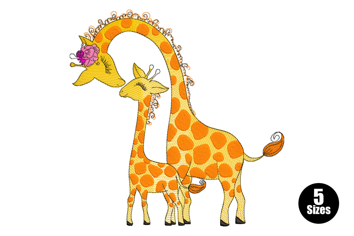 Mama and baby giraffe embroidery design, mama arching neck down to nuzzle newborn, pink floral crown, amber-orange spotted bodies.