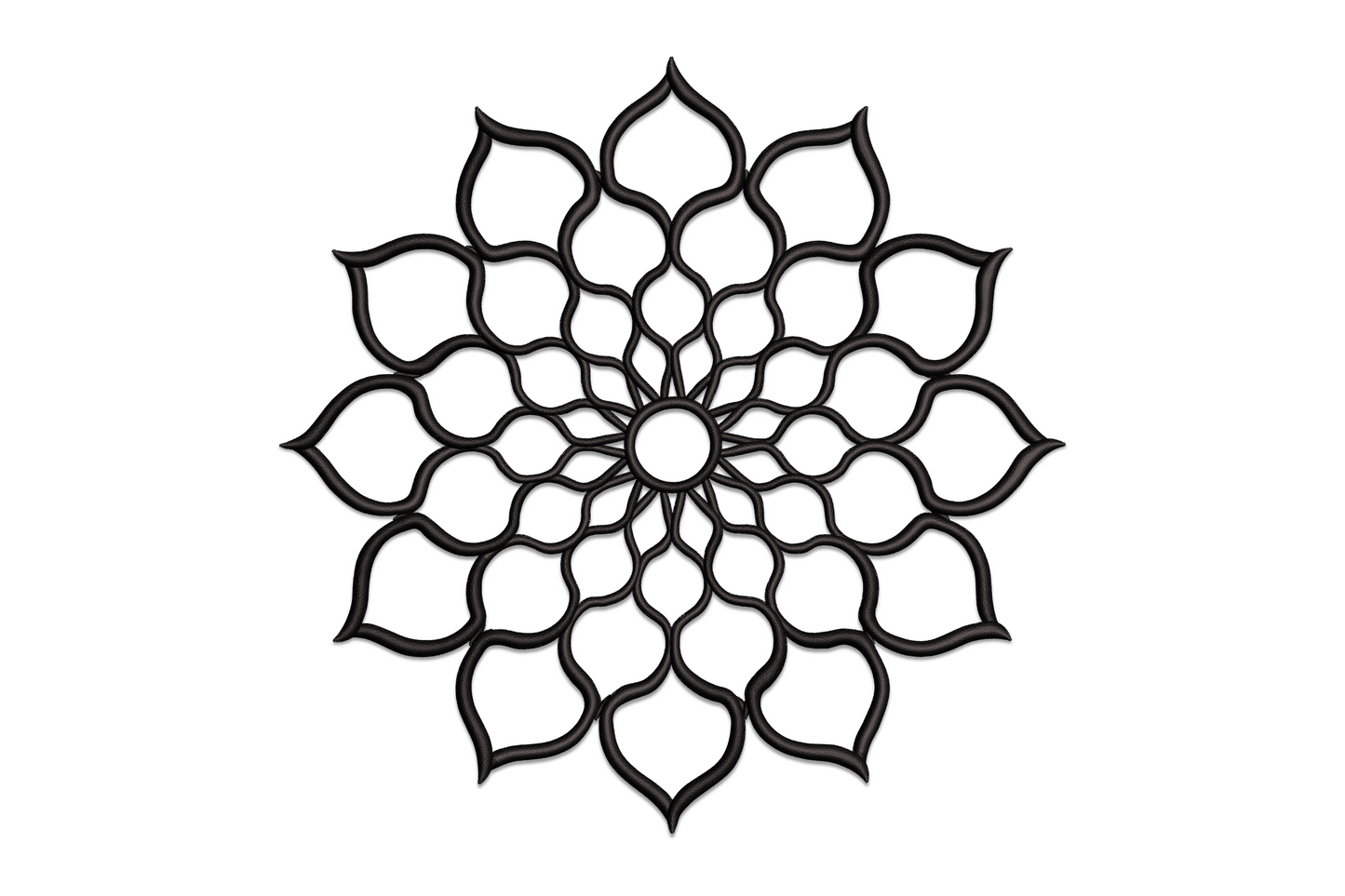 Mandala flower outline embroidery design in single black thread, concentric petal rings with no fill on dark canvas.