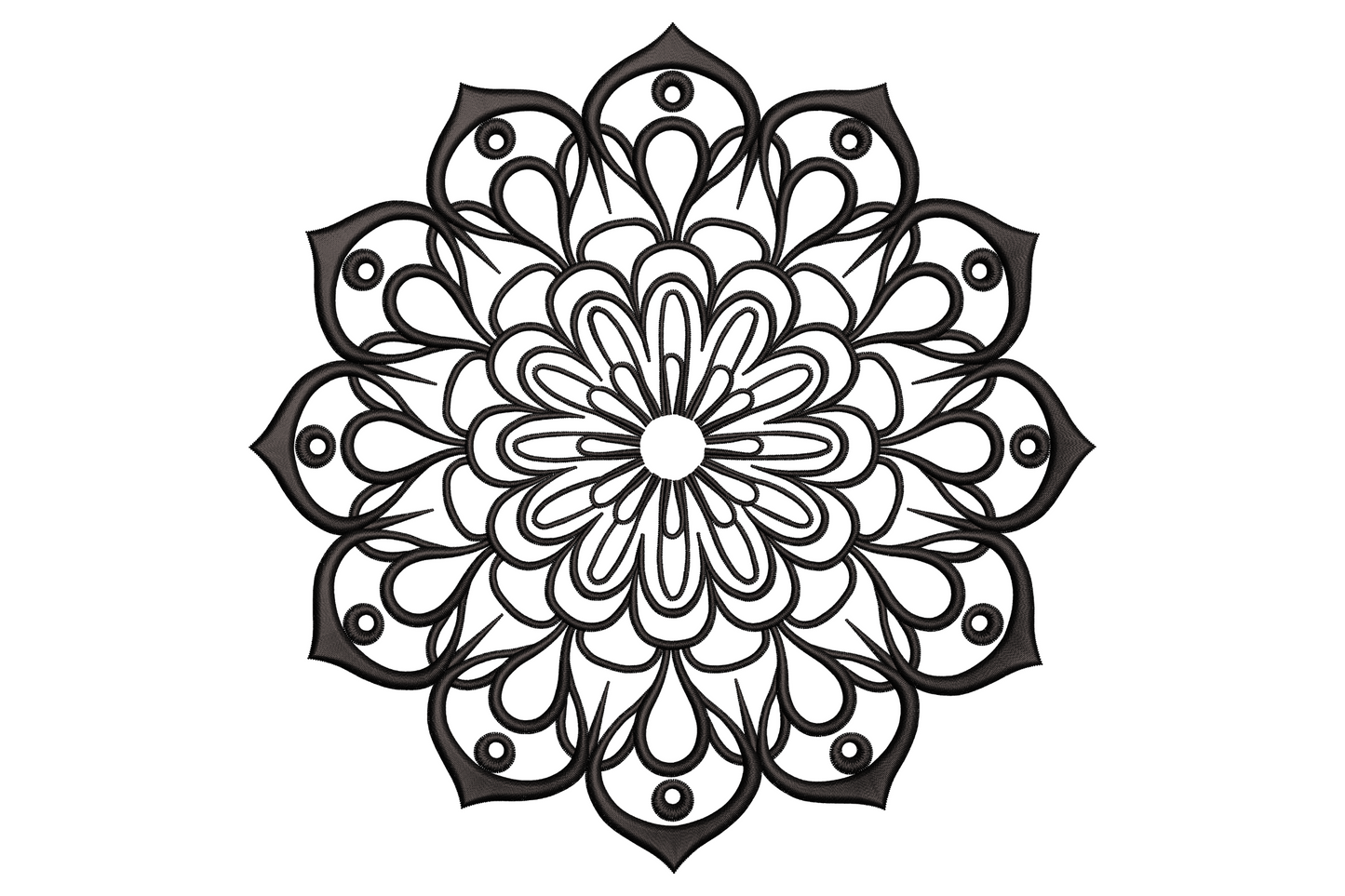 Mandala outline embroidery design, symmetrical blackwork pattern with petals, leaves, and dot accents in radial geometry