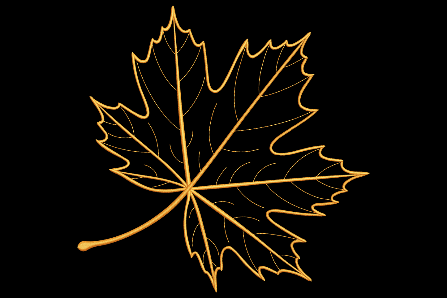 Maple leaf outline embroidery design, single-colour botanical line art with five-lobed maple leaf and veins, clean graphic autumn design nearly square composition.