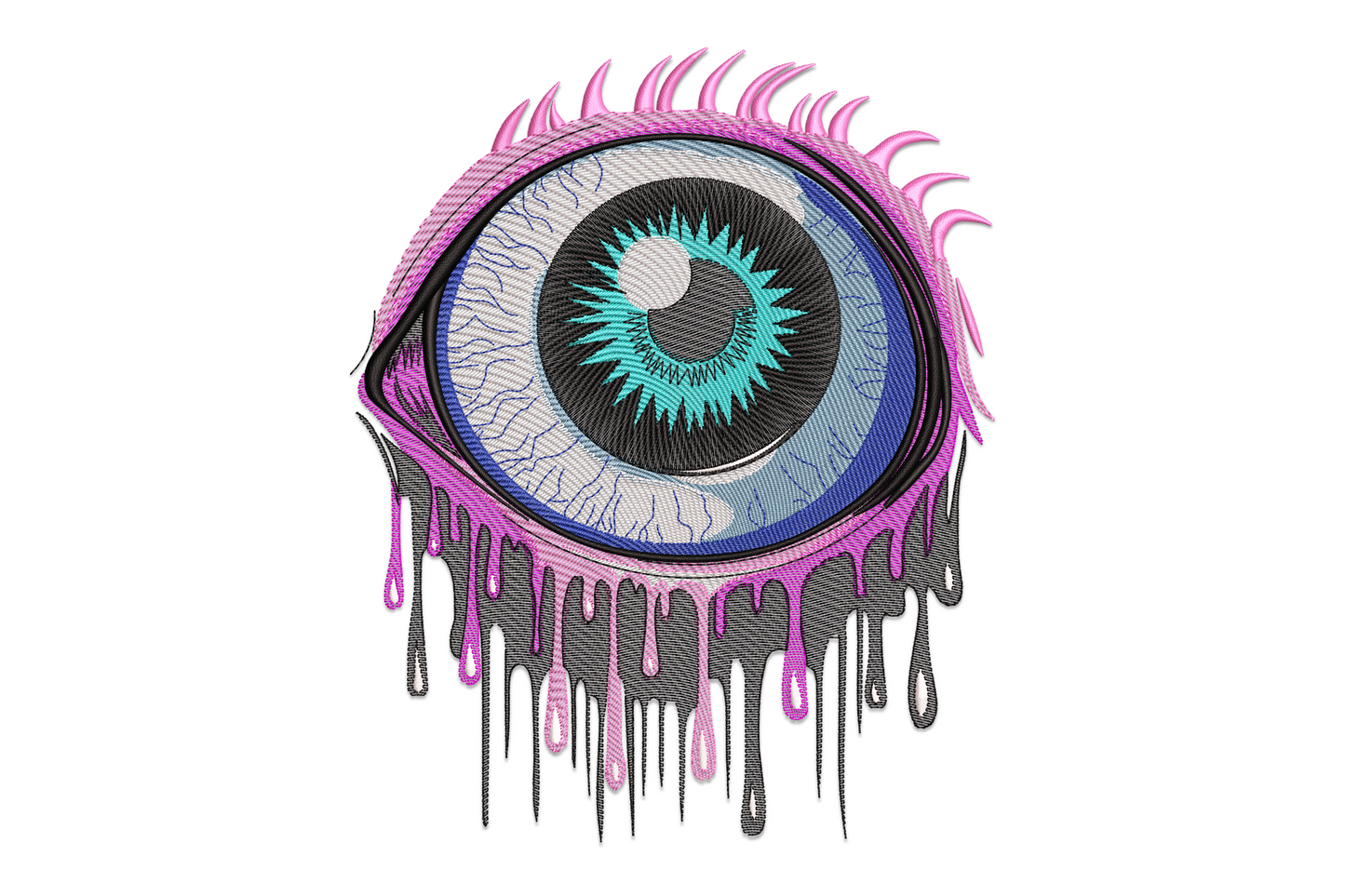 Surreal melting eye machine embroidery design with dripping iris in teal and violet, seven colours, graphic art style on white background.