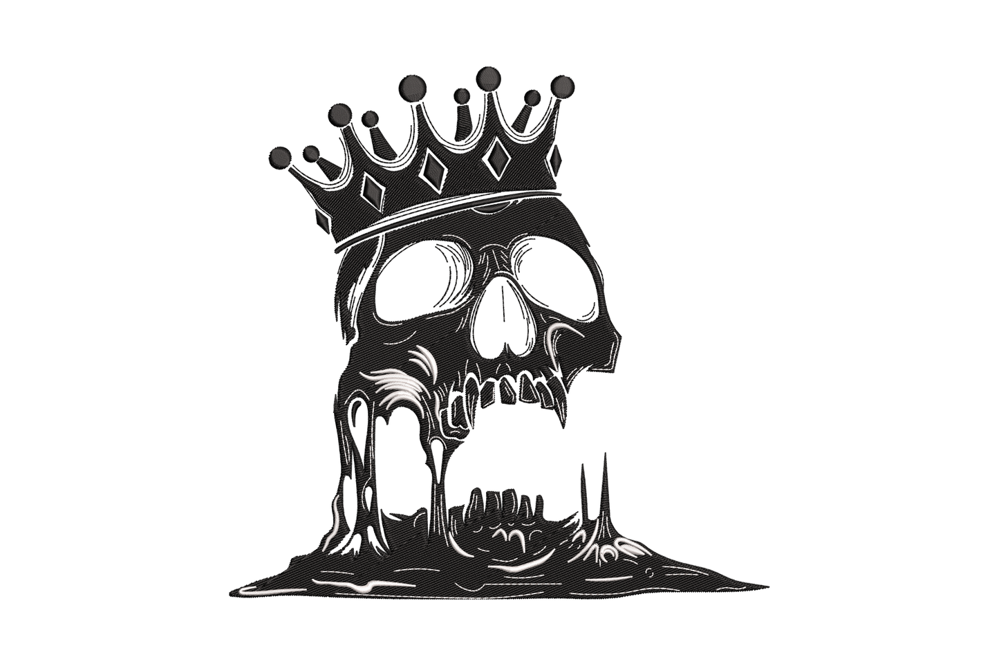 Melting skull with king crown embroidery design, heavy woodcut hatching style, black and white, skull dripping into a puddle