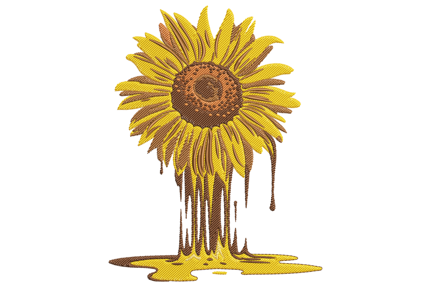 Melting sunflower embroidery with golden petals dripping downward, amber streaks pooling at base, deep brown tatami centre.