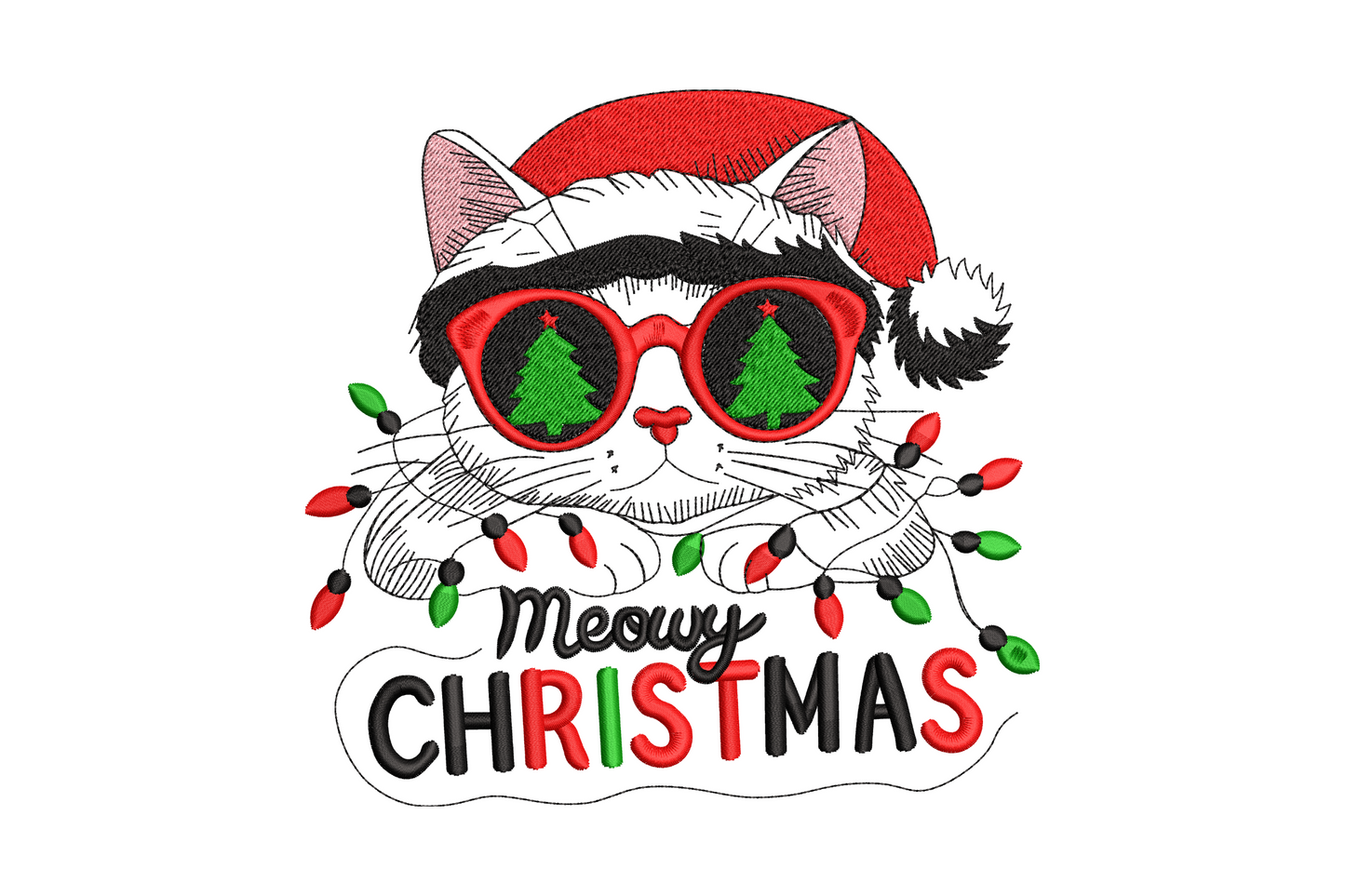 Round orange tabby cat in a red santa hat with Meowy Christmas script below, funny holiday cat embroidery design.