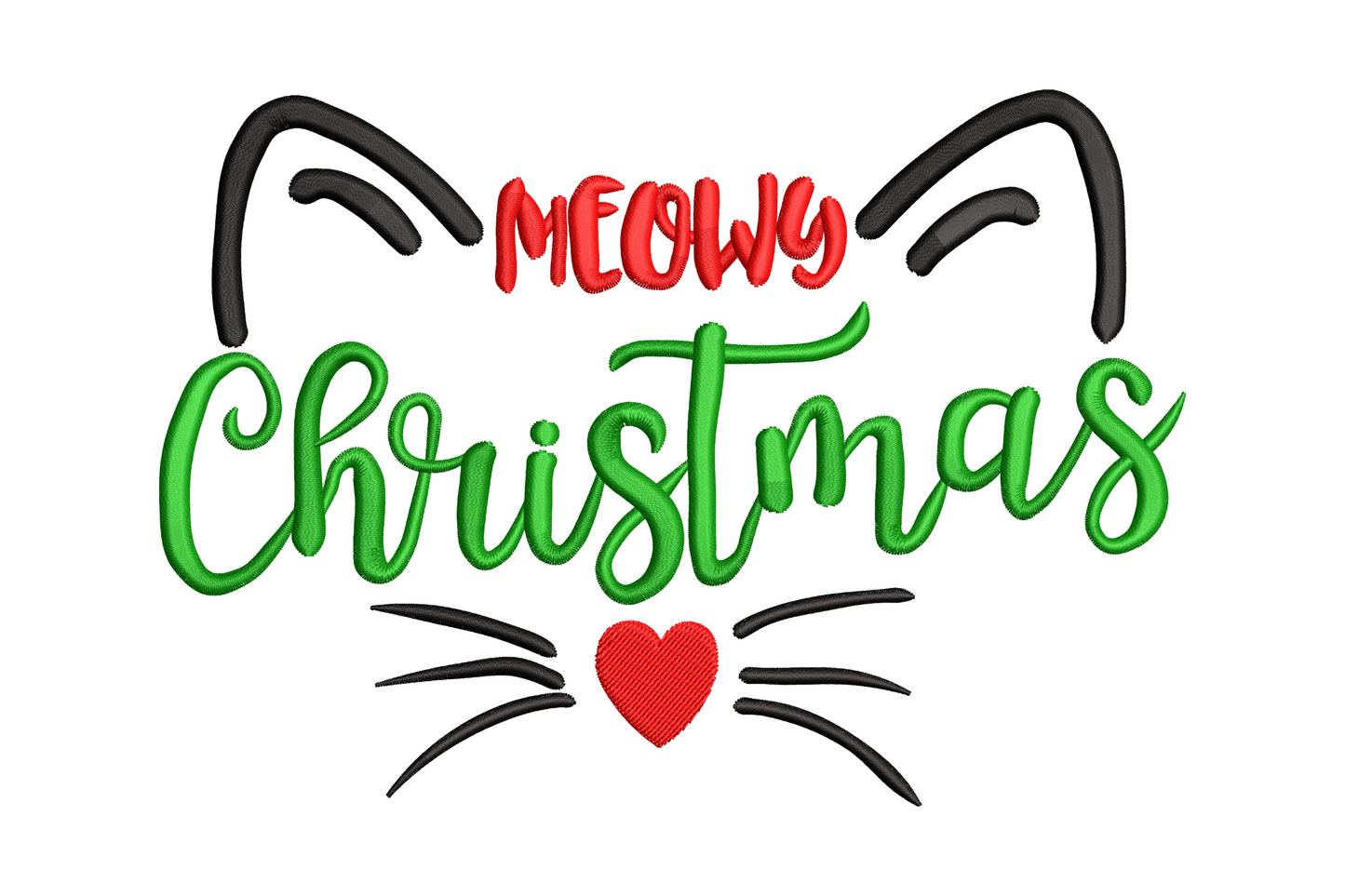 Meowy Christmas embroidery design with a cartoon cat face inside the letter O, deep red script and forest green cat on white.