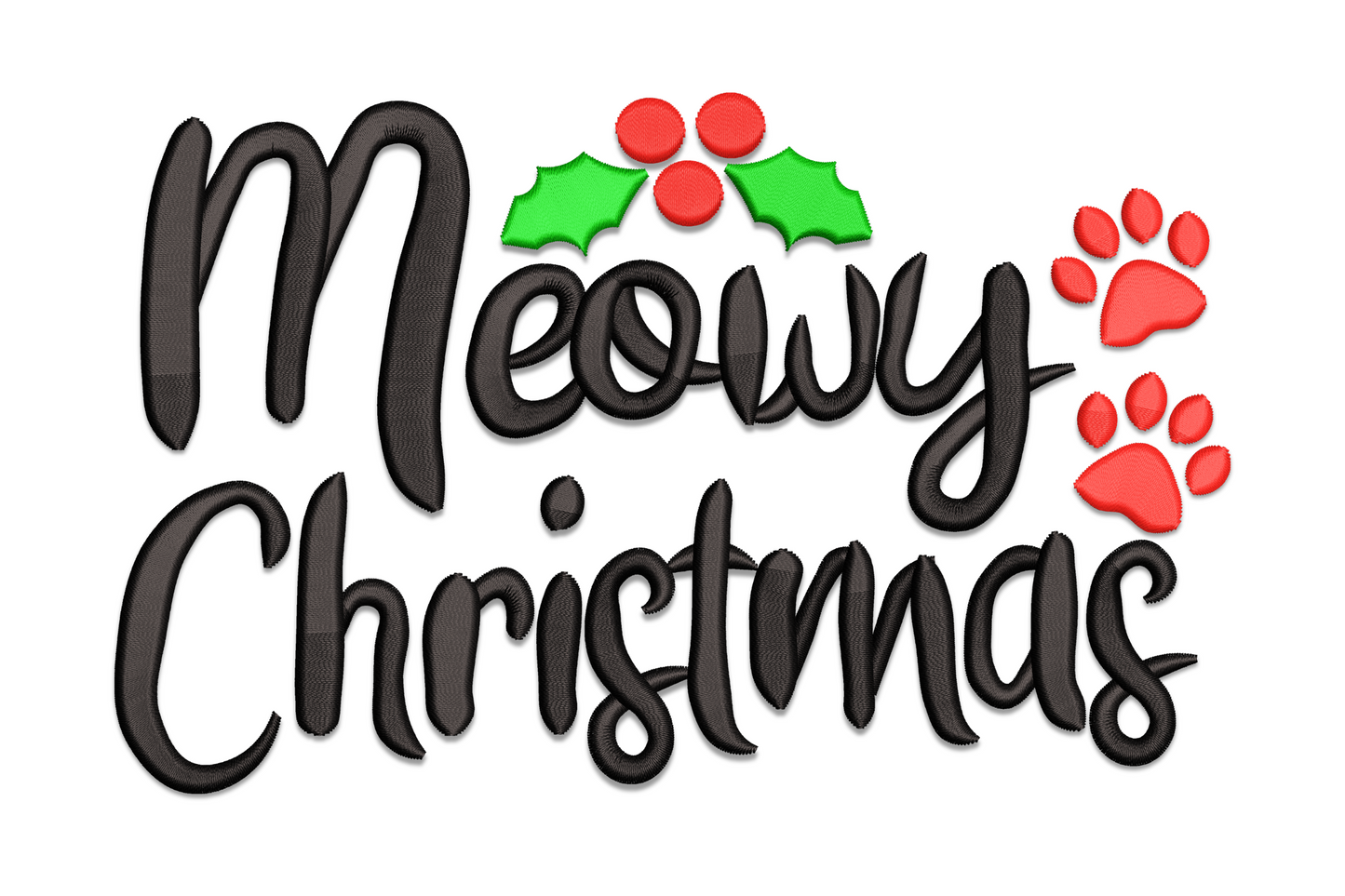Meowy Christmas cat holiday embroidery design with bold red satin lettering and green accent across 6 sizes from 2.51 to 7.51 inches