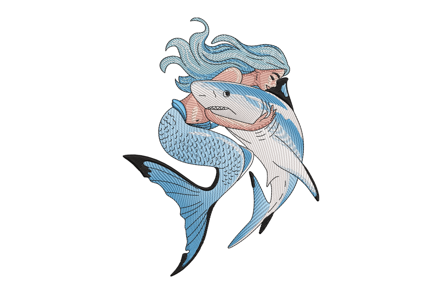 Mermaid hugging a cartoon shark embroidery design, cute whimsical style in teal, coral and grey-blue, seven colours