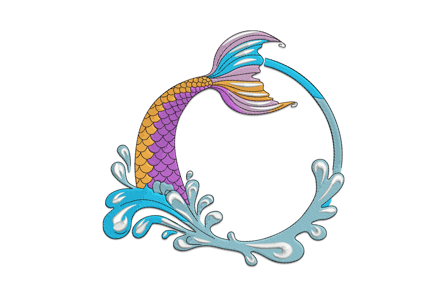 Mermaid tail with scale gradient arcing through a circle frame with wave splashes embroidery design, 7 colours, machine embroidery.