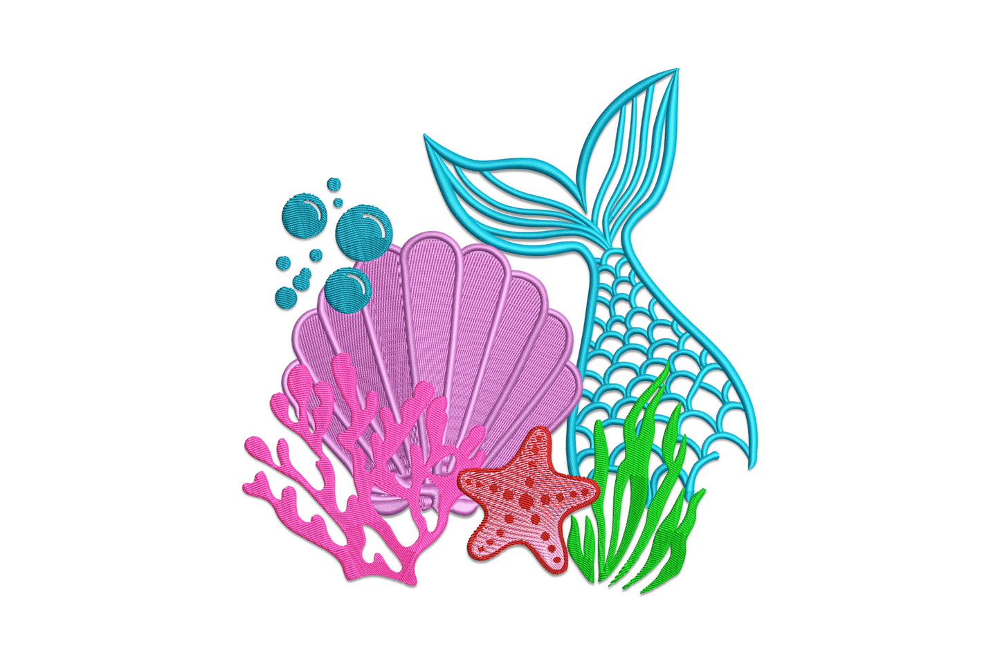 Mermaid tail ocean scene embroidery design with shell, coral, starfish and seaweed in Larimar blue, pink, purple and green threads.