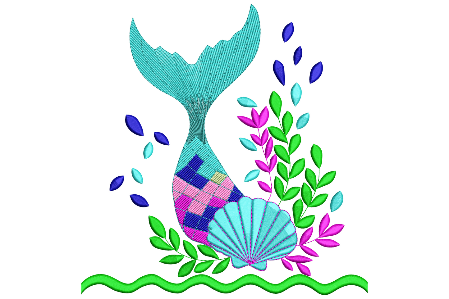 Aqua mermaid tail embroidery design with pink scaled body, teal scallop shell, magenta and blue seaweed leaves above a green wave.