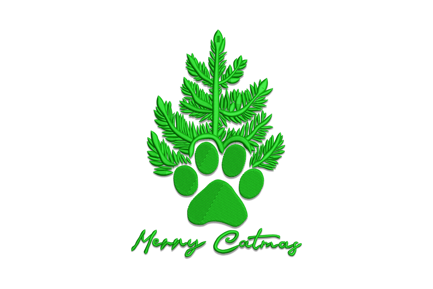 Merry Catmas embroidery design, fern frond Christmas tree on a cat paw print with Merry Catmas cursive text below, single dark green thread