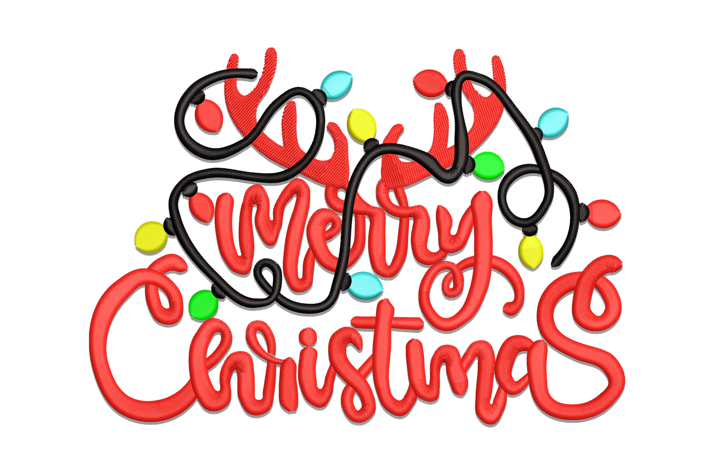 Merry Christmas antlers embroidery design, red cursive lettering with black antlers and coloured fairy lights overhead, 5 colours.