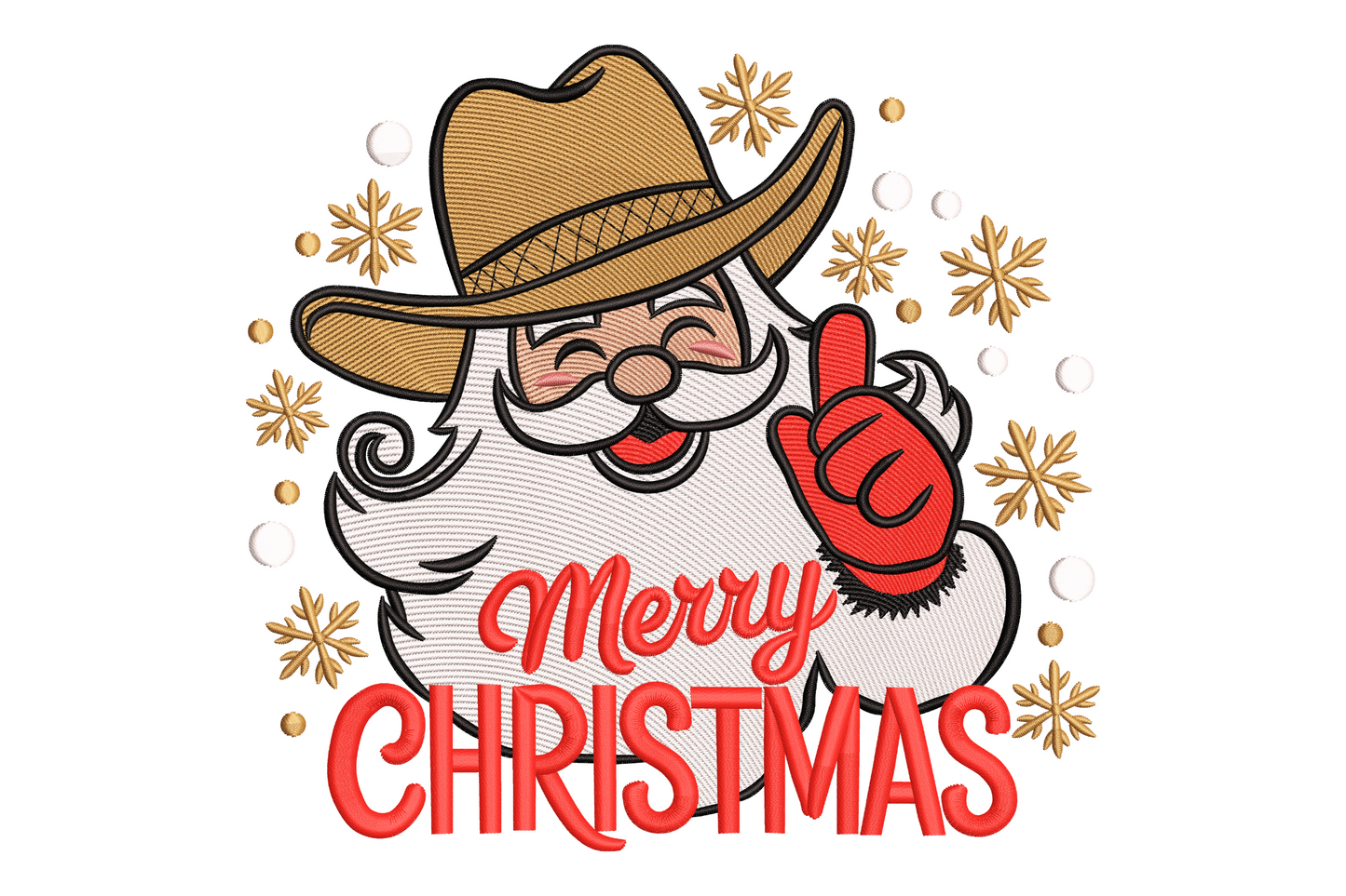 Cowboy Santa face in tan western cowboy hat with white beard, red gloved hand pointing up, Merry Christmas red script and tan snowflakes embroidery design