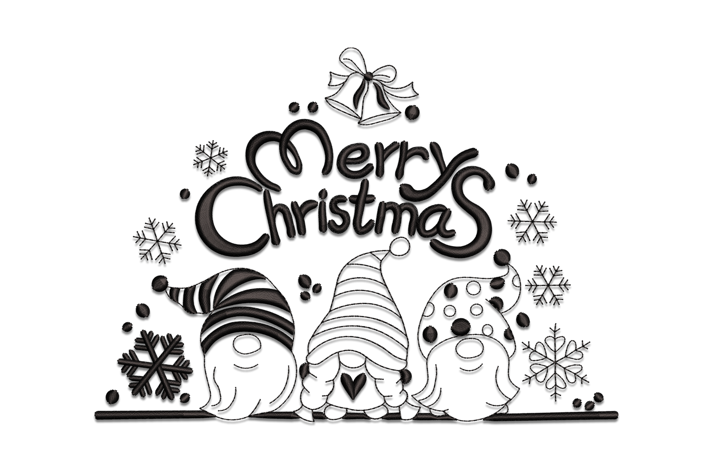 Three outline Christmas gnomes with striped hats below Merry Christmas script, single black thread, 5 sizes 3.5 to 7.5 inches, machine embroidery design.