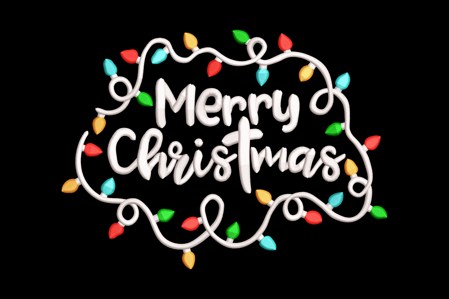 Merry Christmas string light frame machine embroidery design with colorful bulbs in red, aqua, orange and green forming an oval around cursive script, 5 colors