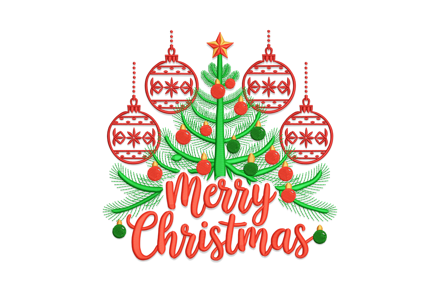 Merry Christmas ornament tree embroidery design, stacked gold, crimson and emerald balls forming a tree with a star topper.