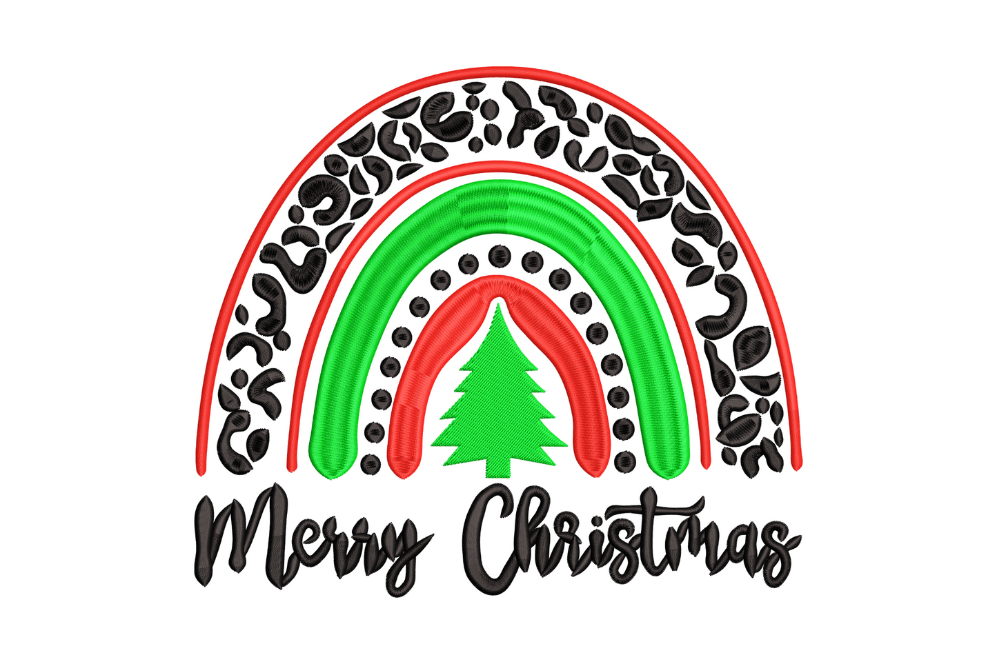 Boho Merry Christmas rainbow embroidery design with leopard print arch and Christmas tree, 3 colors, 5 sizes