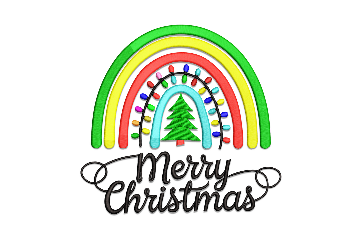 Merry Christmas embroidery design with rainbow string lights in red, orange, yellow, green, blue and purple bulbs arched below bold lettering.