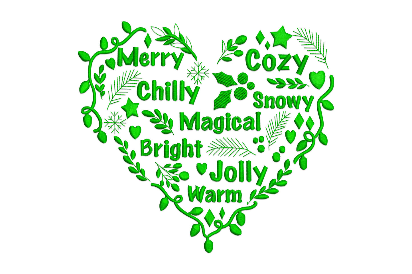 Christmas word art heart embroidery design in bright green with eight holiday words including Merry, Cozy, Magical, surrounded by botanical fern sprigs.
