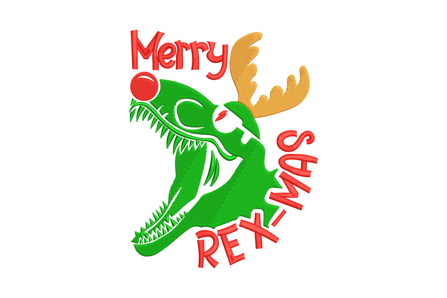 Merry Rex-Mas T-Rex dinosaur wearing Santa hat Christmas embroidery design in three colours with bold festive lettering, green dino body and red hat