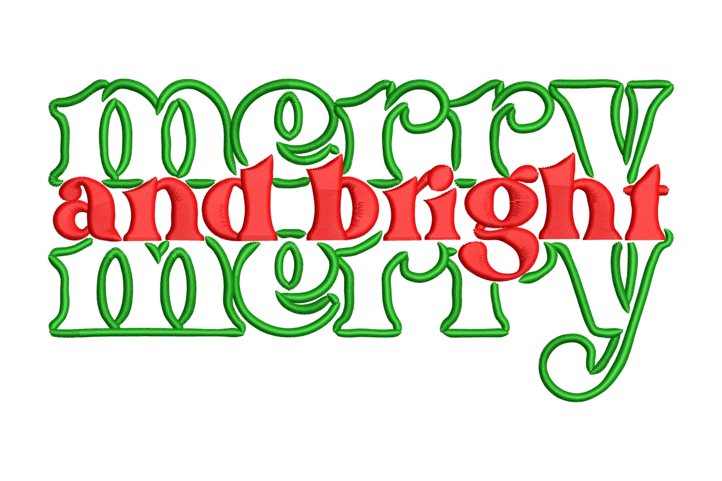 Stacked merry and bright Christmas typography in bold retro block lettering, green outline and red fill embroidery design