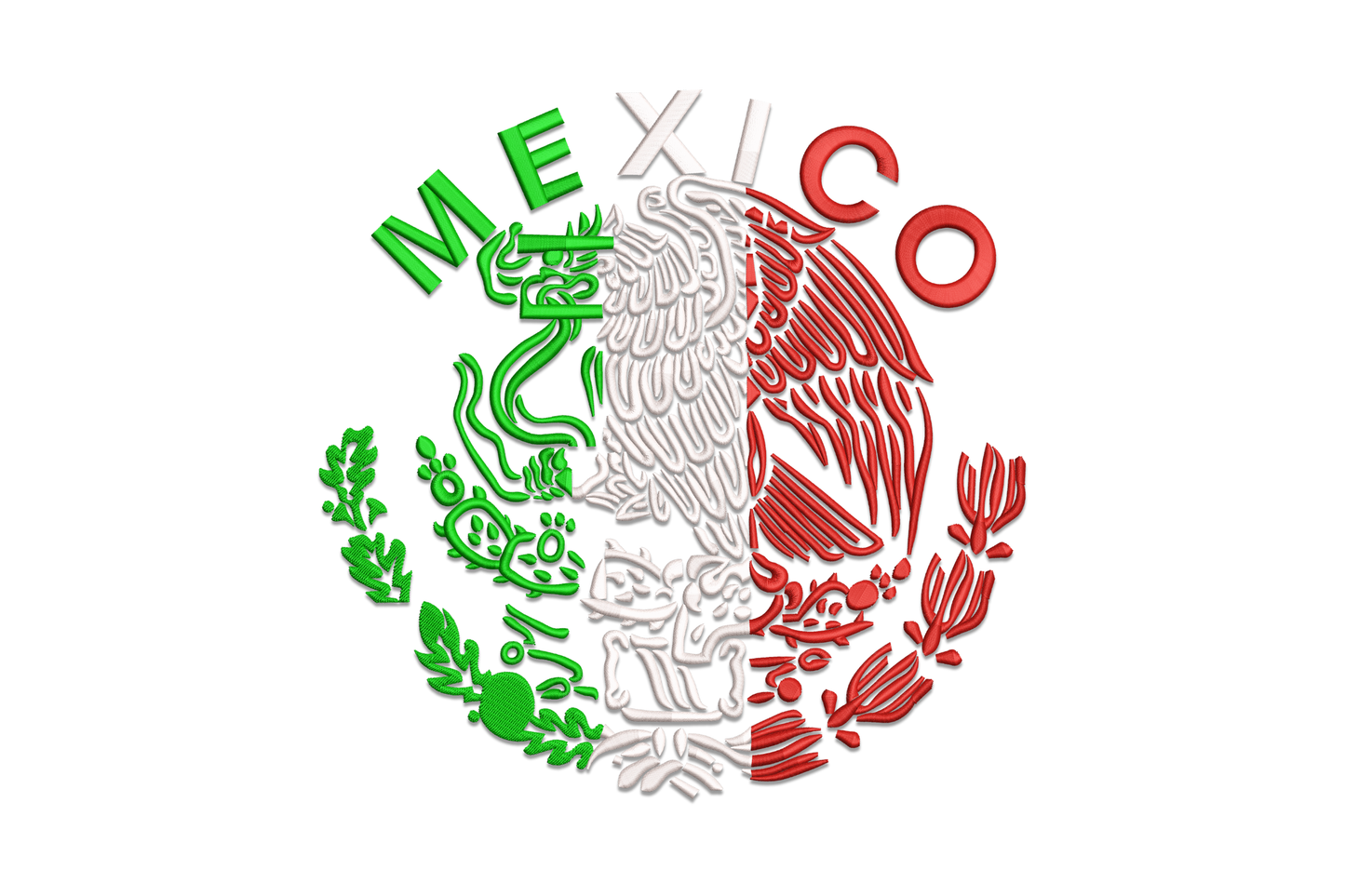 Mexico coat of arms embroidery with eagle gripping serpent on nopal cactus, wreath border below, rendered in 6 colours.