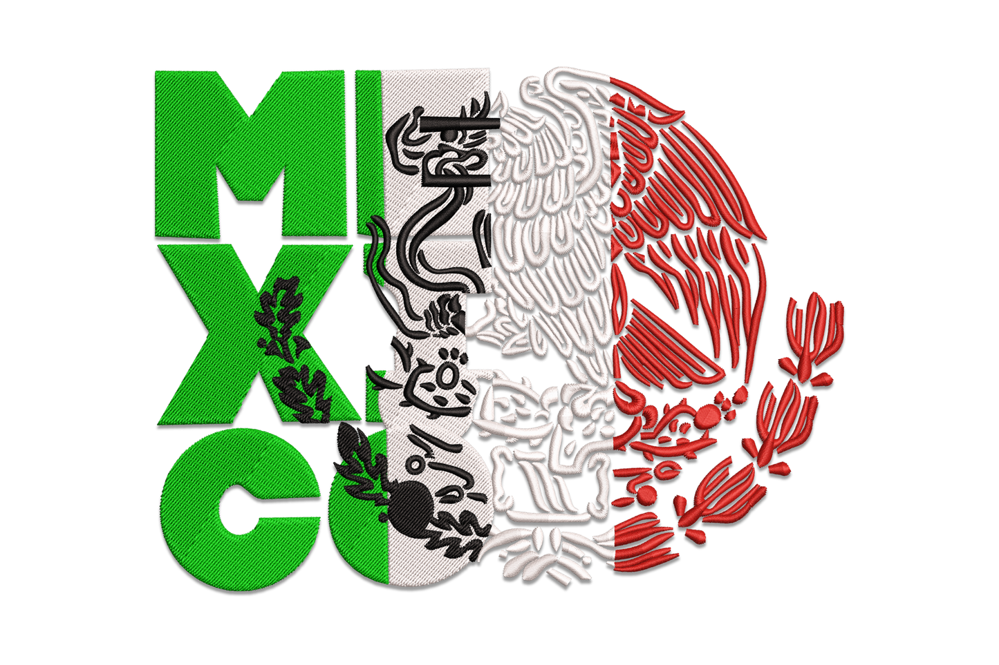 Mexico typography coat of arms embroidery with national emblem and bold MEXICO lettering as a single 4-colour composition.