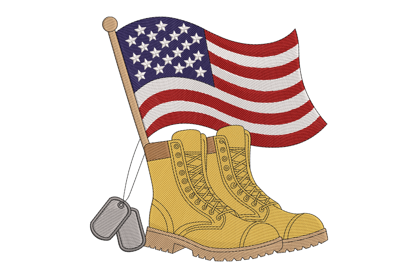 Yellow boots with American flag and dog tags embroidery design