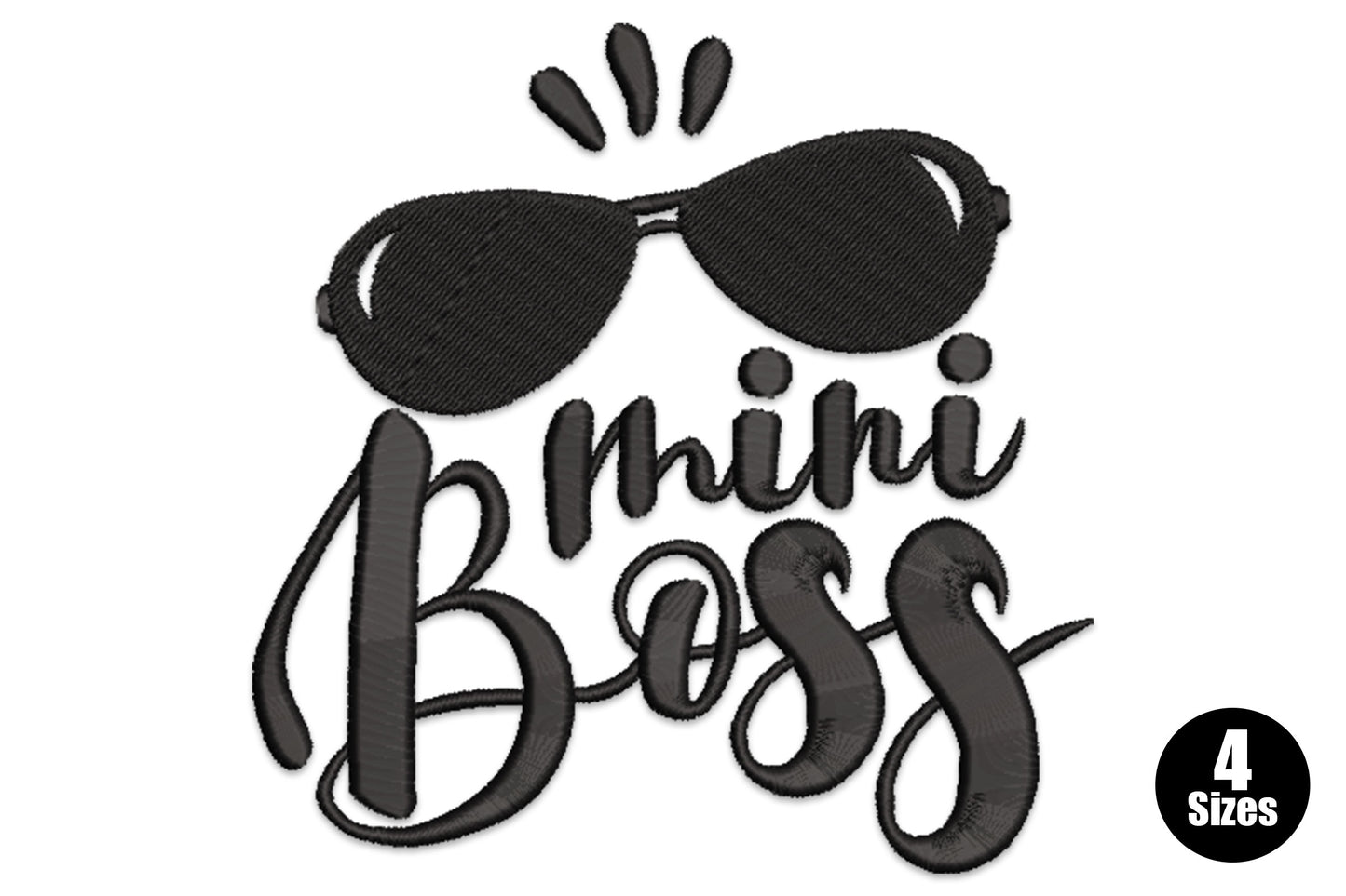 Mini boss kids embroidery design with aviator sunglasses and bold brush script in solid black on white background
