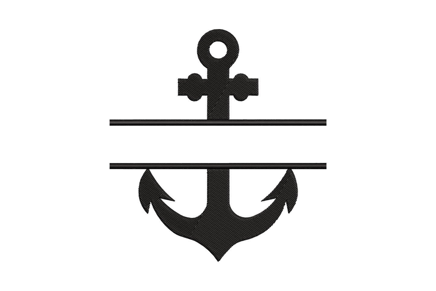 Minimal anchor divider embroidery design, anchor silhouette with two horizontal bars extending from crossbar, black thread, nautical insignia style
