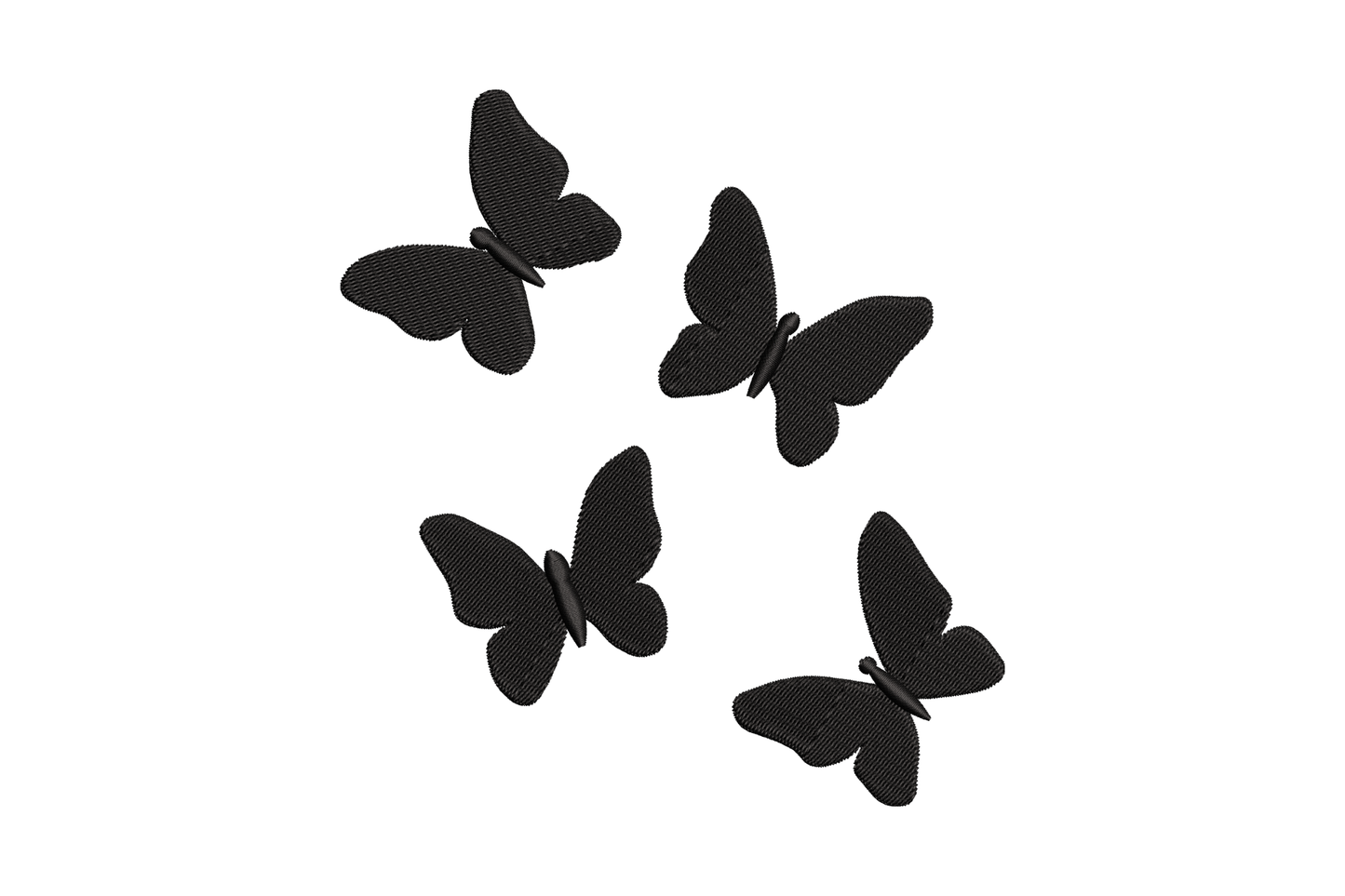 Minimal black butterfly embroidery design showing four scattered silhouettes in loose flight cluster, dense hatching fill, 6 sizes