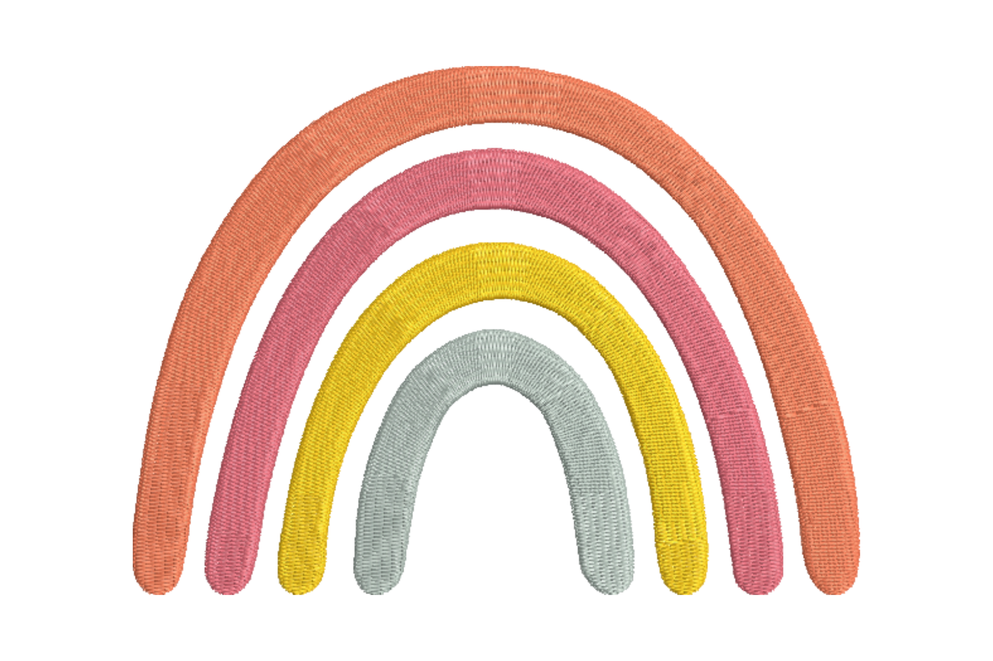 Minimal boho rainbow embroidery, four satin arcs in terracotta, coral, yellow and sage green