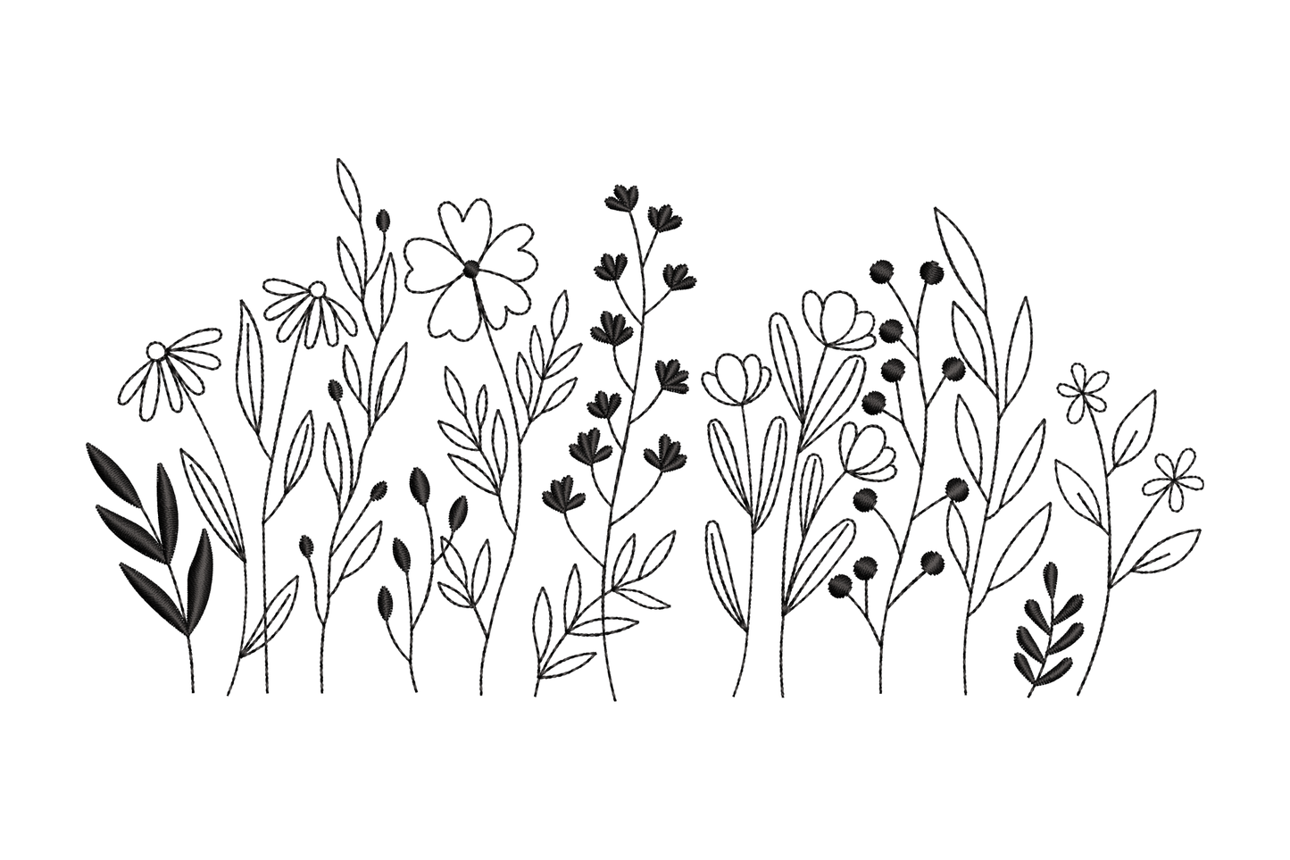 Minimal botanical wildflower border embroidery, dense mixed stems in single colour, 4 sizes, cottage garden meadow hem style