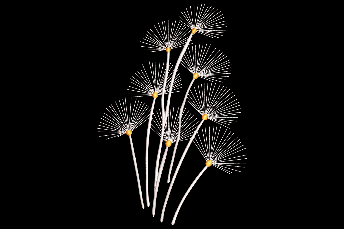 Minimal dandelion seed embroidery with nine white radial puffs and tiny yellow centres on long curving stems.
