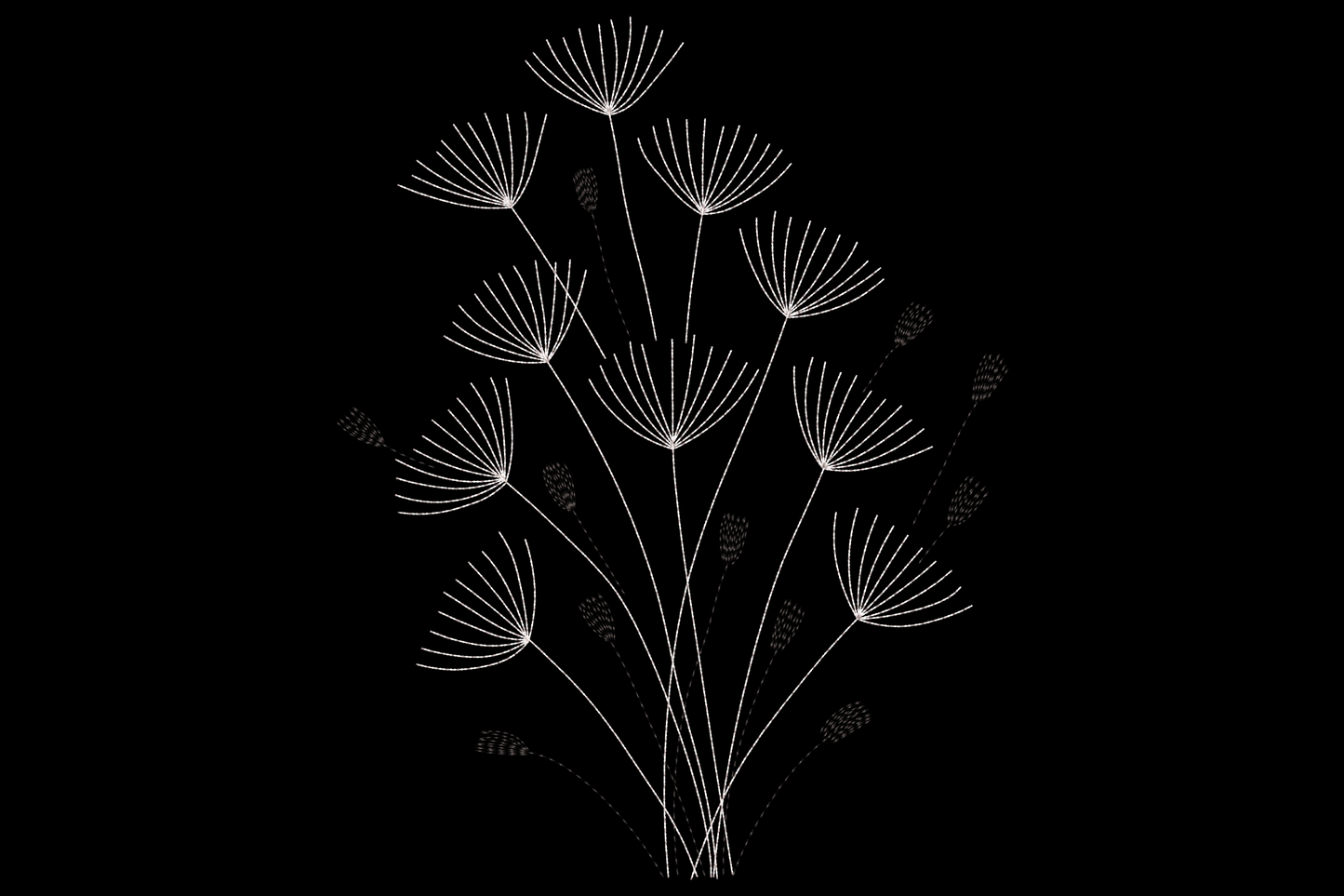 Minimal dandelion silhouette embroidery, cluster of seed heads on thin stems, scattered floating seeds, black and white line art style.