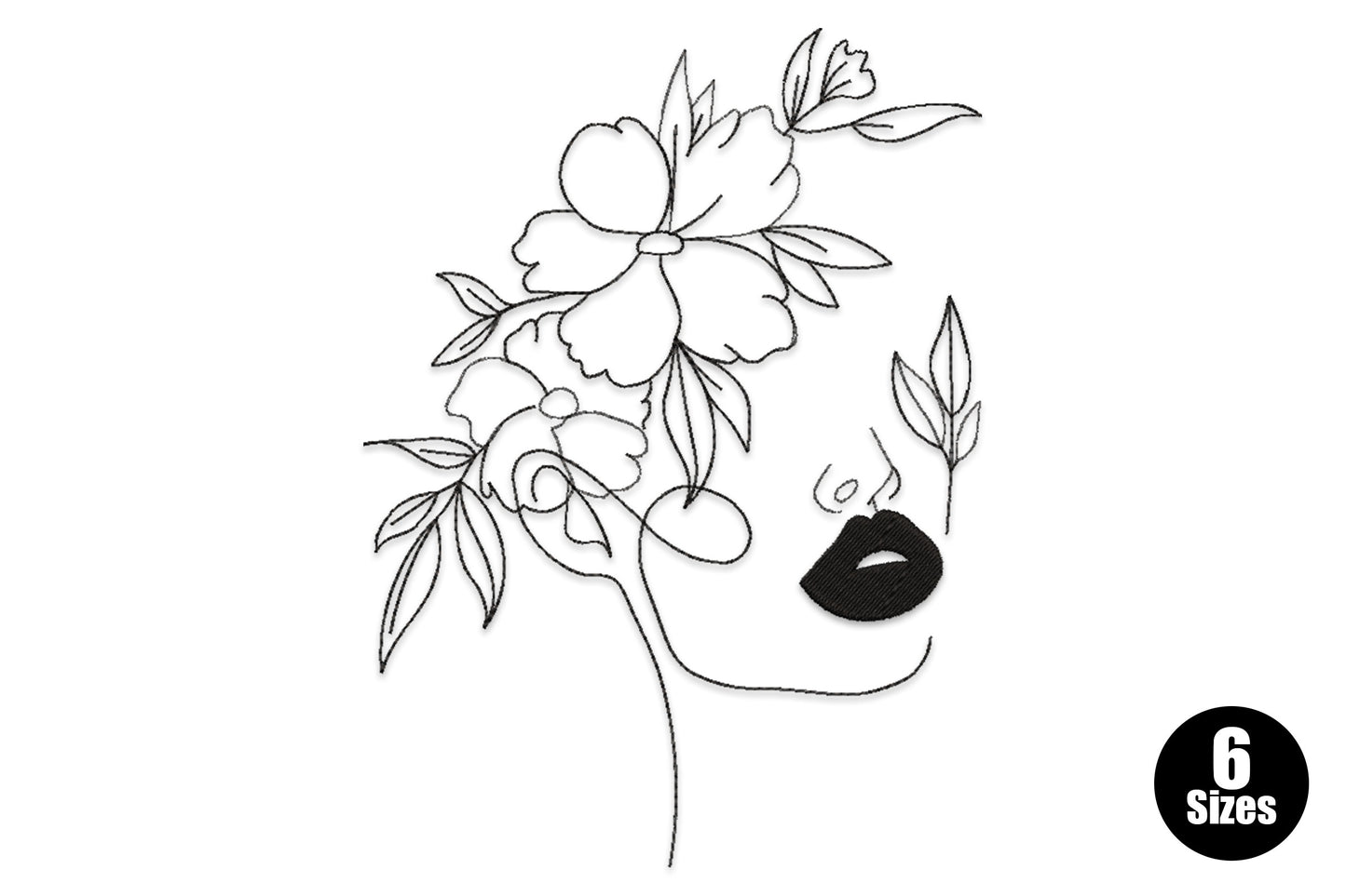Minimal female portrait embroidery design with continuous outline face, filled satin lips and open peony bouquet above the head in single black thread.
