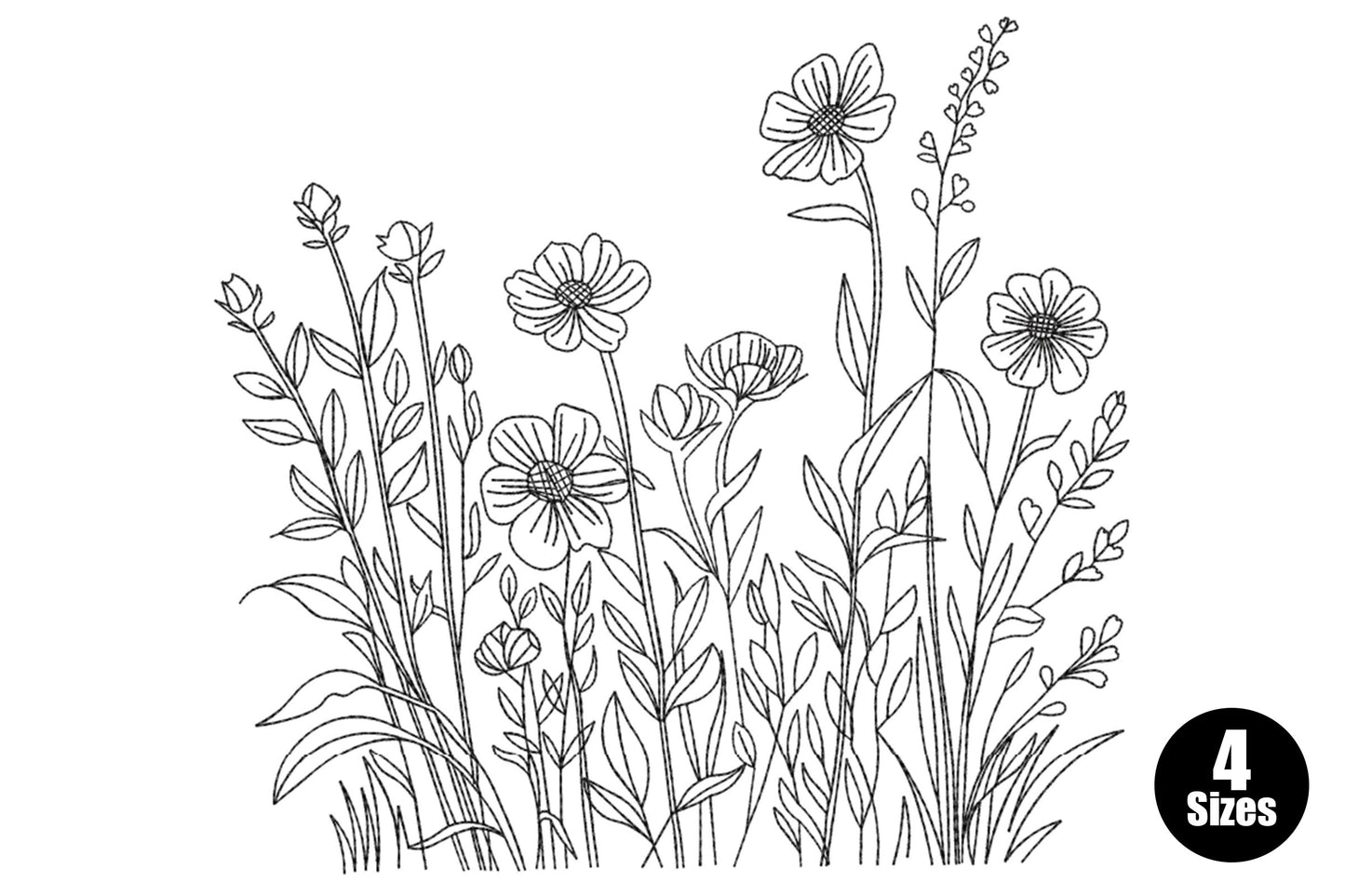 Minimal floral meadow outline embroidery design with grasses and wildflower stems, single colour, 4 sizes up to 7.5 inches wide