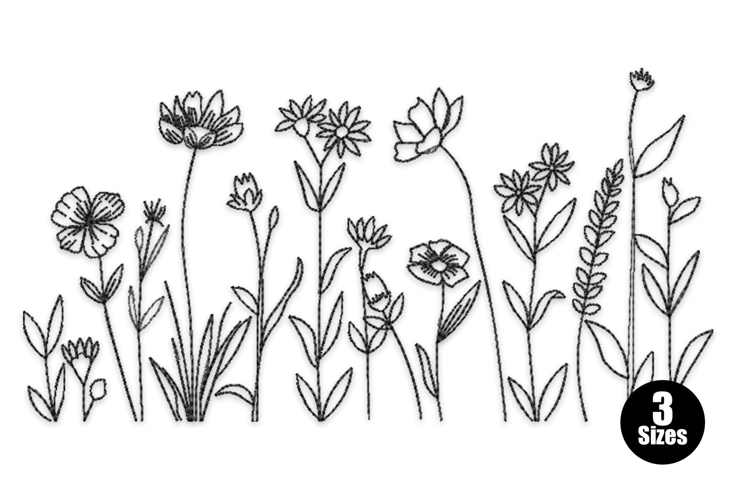 Minimal floral meadow outline embroidery design, single colour running stitch botanical scene with stems and blooms