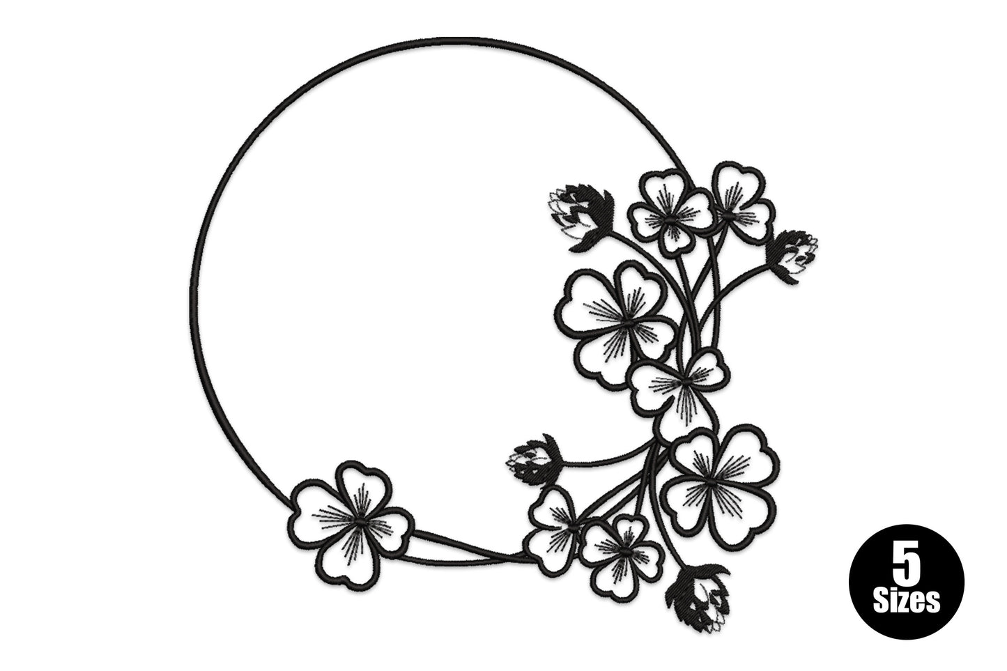 Minimal flower wreath line art embroidery design with open four-petal blooms and thin stem clusters on a single-stroke circle outline.