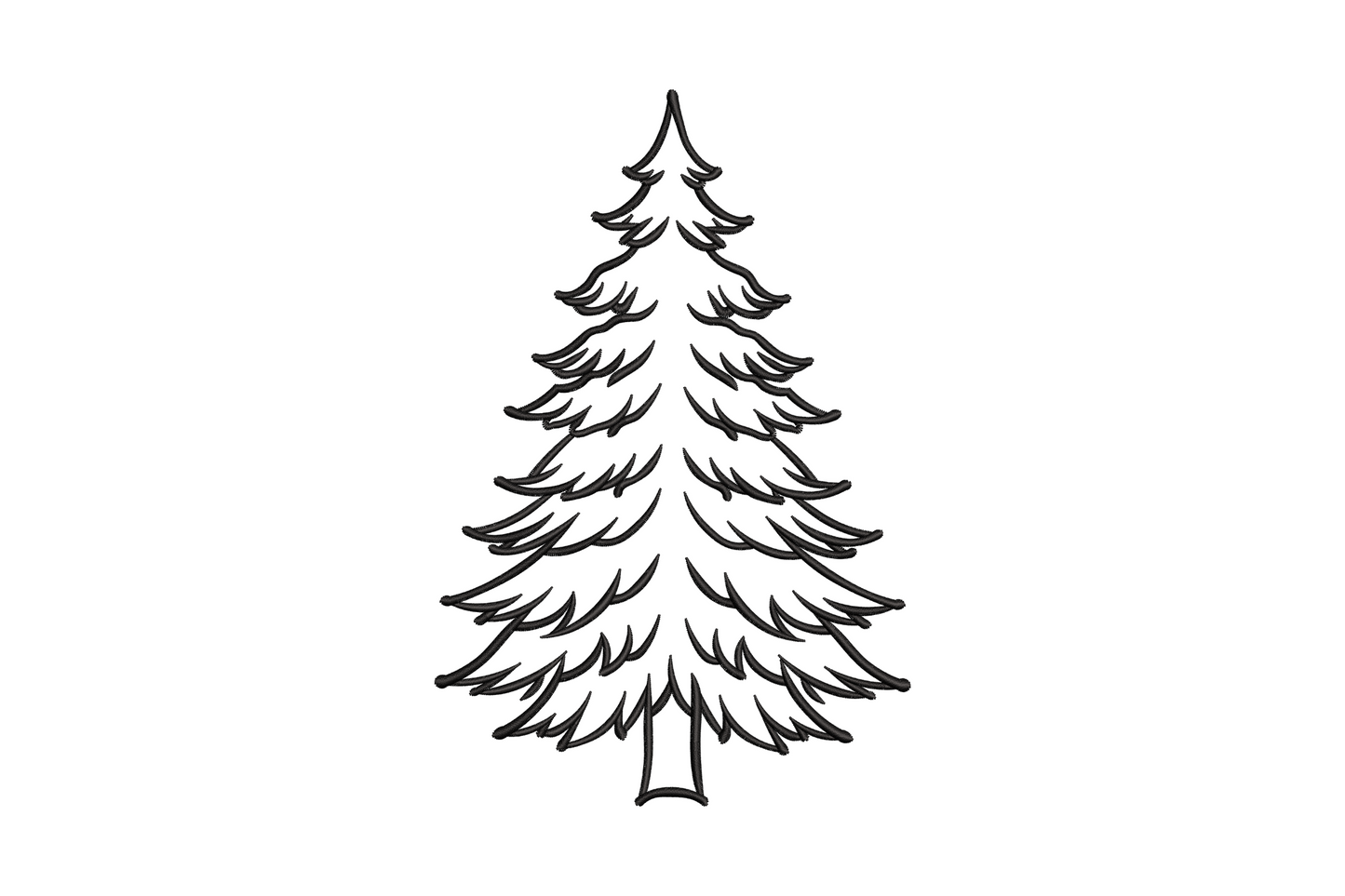 Single colour pine tree outline embroidery with 7-tier layered branches and swept-tip needle clusters, hand-drawn look in charcoal black