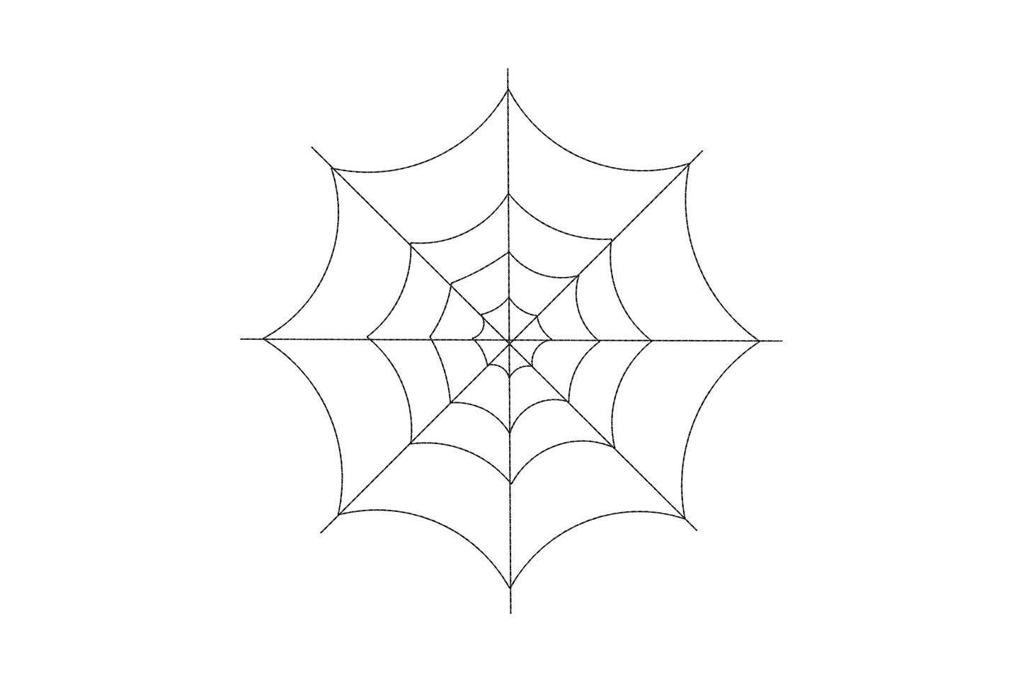 Minimal geometric spider web embroidery with four radial threads and three ring connections, open structure single colour Halloween design