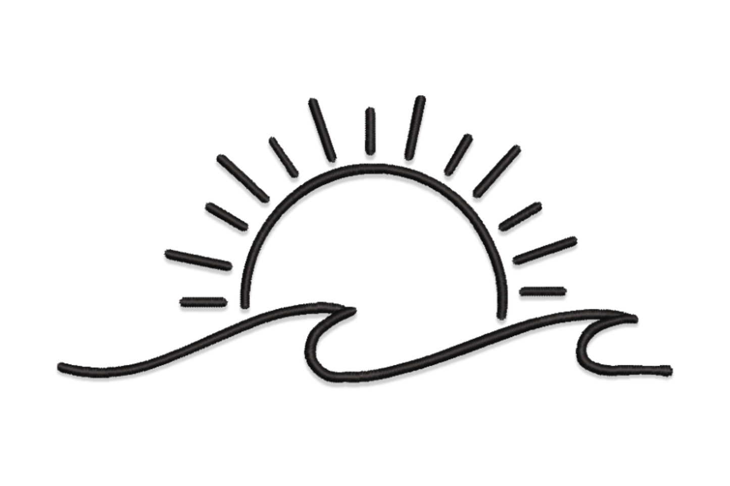 Minimal sunrise with waves line art embroidery in single black thread showing semicircle sun above horizon with two rolling wave outlines below