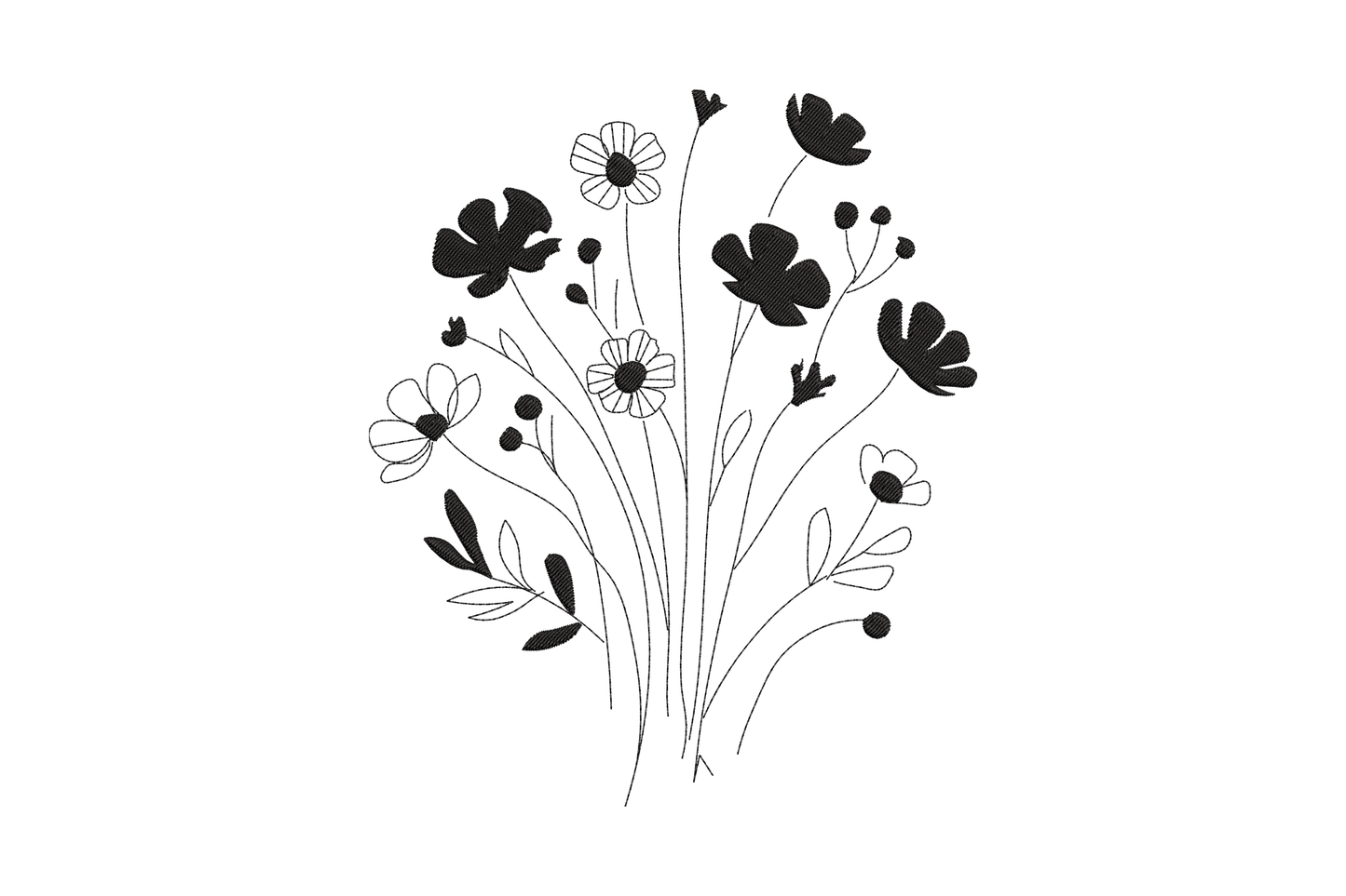 Minimal black wildflower bouquet embroidery design with cosmos, daisy outlines and grass stems, 5 sizes 4201 to 9469 stitches