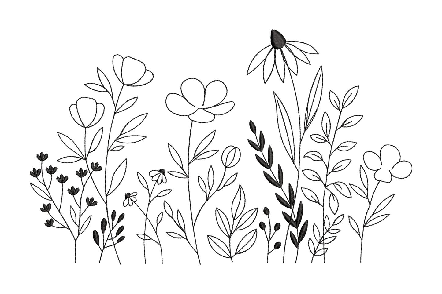 Minimal wildflower line art border embroidery, coneflower and poppy stems in single colour, 5 sizes botanical hem band