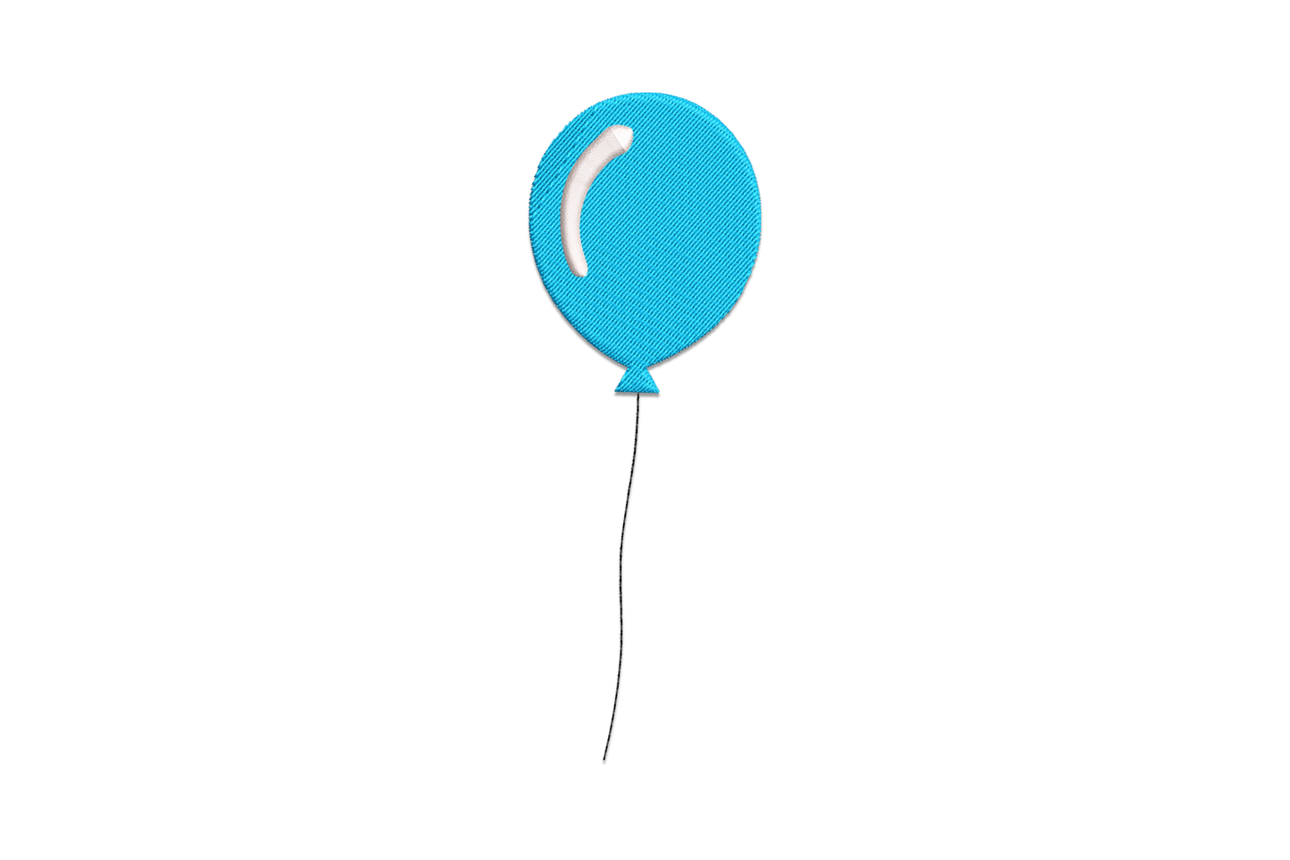 Minimalist blue balloon embroidery design with sky blue oval body, white highlight and thin navy string on white background.
