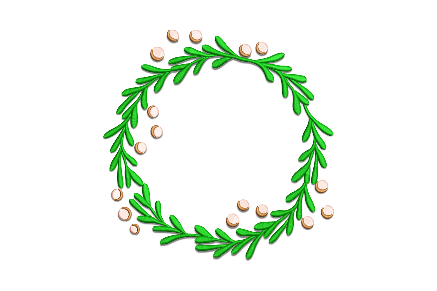 Minimalist botanical wreath embroidery with dark green conifer branches and peach seed beads on white background
