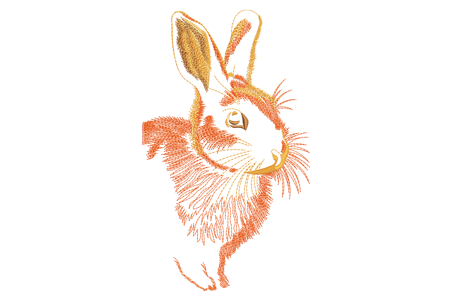 Minimalist rabbit embroidery in terracotta and burnt gold with loose open radiating stitch lines, upright bunny portrait.
