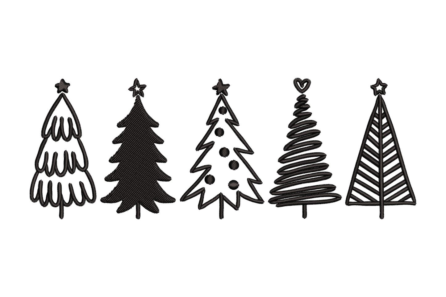 Minimalist Christmas tree line art embroidery design in single colour, tall narrow geometric tree silhouette with clean horizontal branch strokes, no fills or ornaments