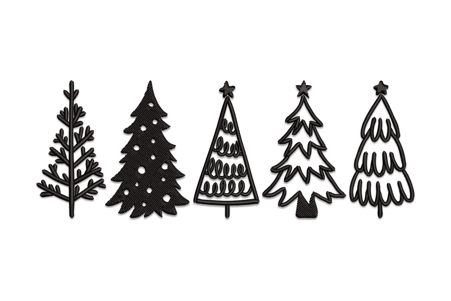 Minimalist Christmas tree single-line outline without fill in clean geometric style, machine embroidery design, single colour, 5 sizes from 1.3 to 2.7 inches wide and up to 7.5 inches tall