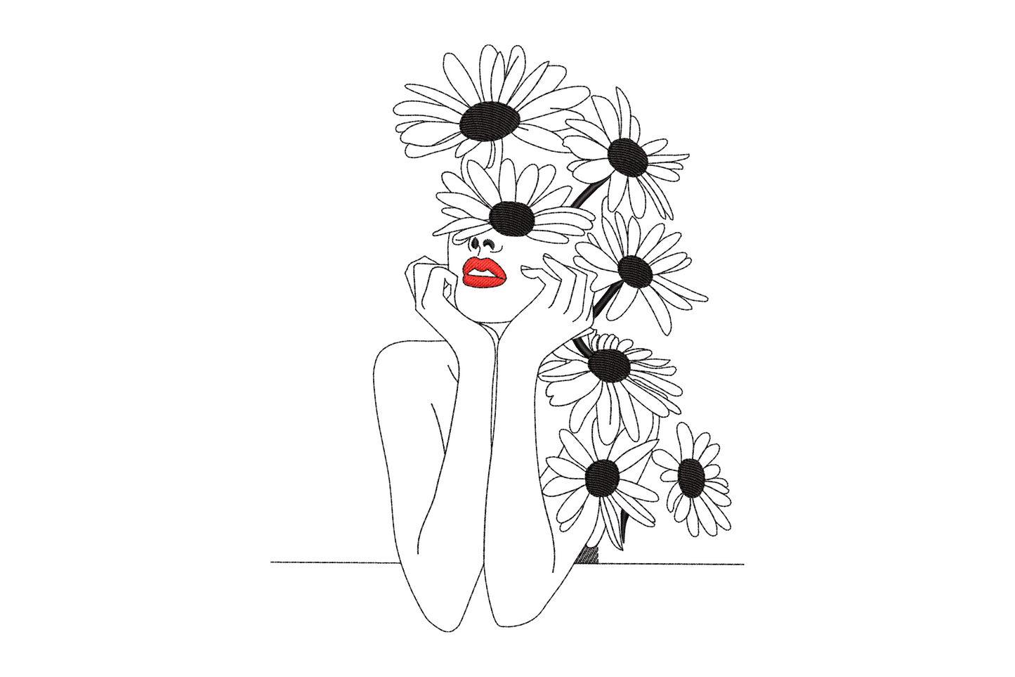 Minimalist daisy girl embroidery design line-art woman holding daisies hiding face, red lip accent, black and red, 9 sizes